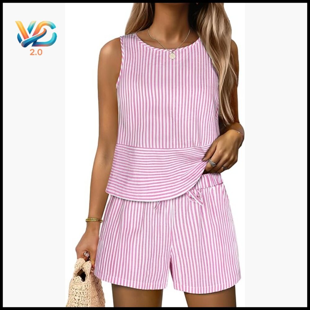 Striped Sleeveless Tank Top Matching Shorts Set, 100% Rayon, Medium